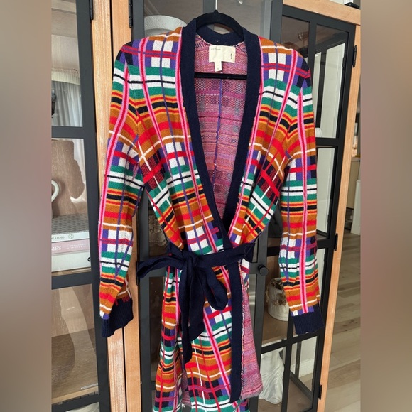 Anthropologie Moth Williston Plaid cardigan colorful knit tie waist coat sweater - Picture 5 of 12